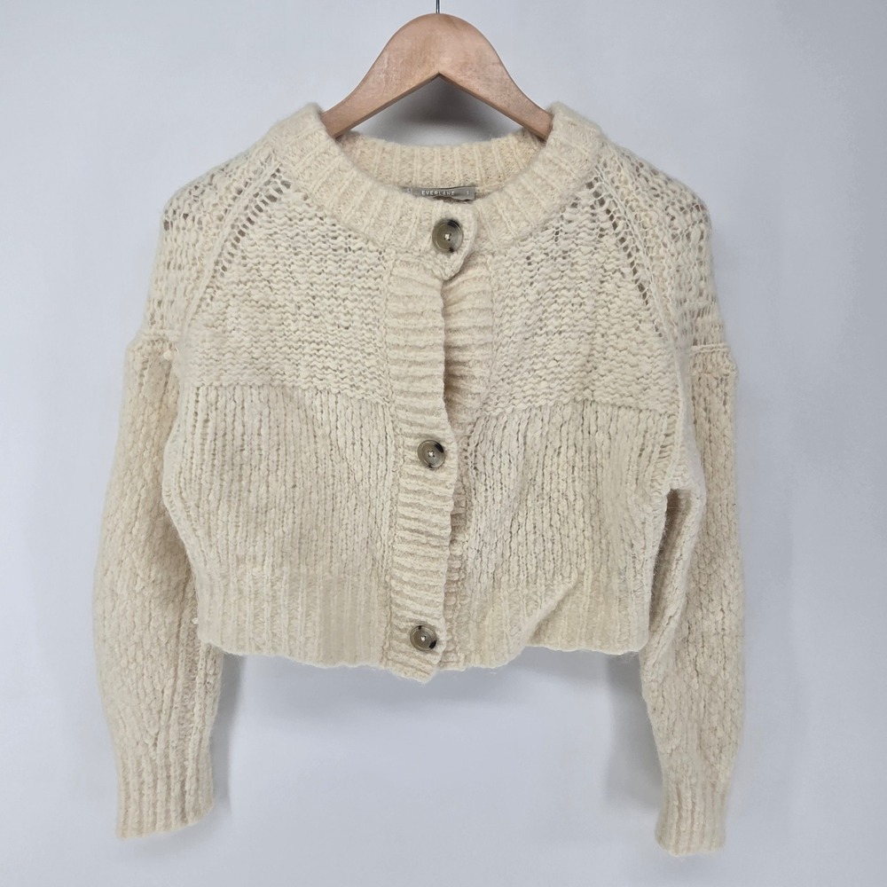 Everlane Cardigan Women Small Ivory Merino Alpaca Wool Cropped Chunky Sweater